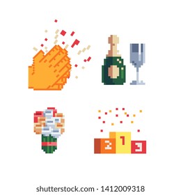 Congratulation pixel art icons set.  applause, champagne, bouquet of flowers. Isolated vector illustration. Design for logo, sticker and mobile app.