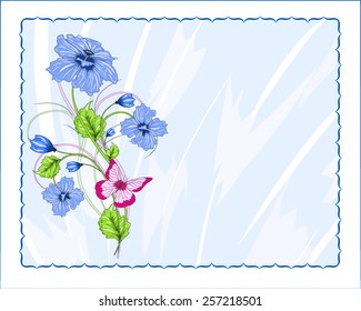 congratulation postcard with abstract blue flowers,  pink butterfly and place for your text, vector illustration
