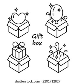 Congratulation. Present. Fireworks. Vector linear icon on a black background. Gift box set. Black friday