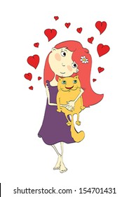 Congratulation for St. Valentine's Day: lovely girl embracing favourite cat on isolated white background. Vector, Illustration