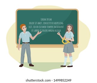 Congratulation to Teachers Day. Back to school. Students in uniform answer a lesson near the school board. Concept for banner or card. Flat style cartoon vector illustration on white background.