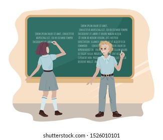 Congratulation to Teachers Day. Back to school. Students in uniform answer a lesson near the school board. Concept for banner or card. Flat style cartoon vector illustration on white background.