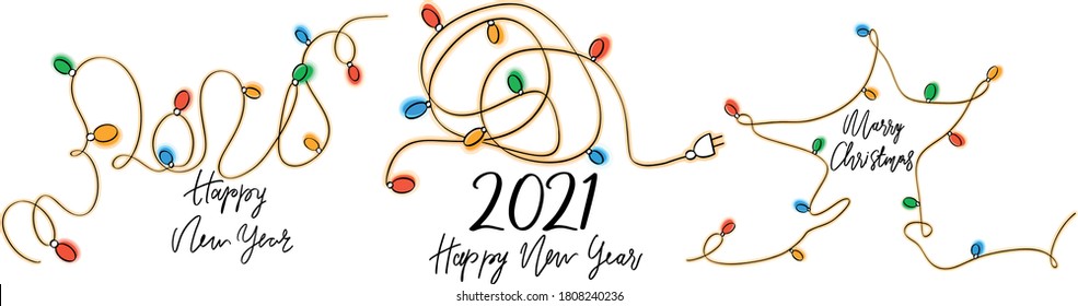 
Congratulation text Happy New Year and Merry Christmas. Text in the form of Christmas garlands. 2021new year