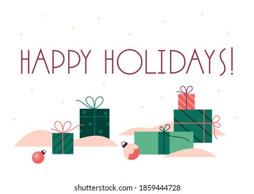 Congratulation vector postcard with snow, gifts and Christmas decorations. Festive card with lettering Happy Holidays for Christmas and New Year.