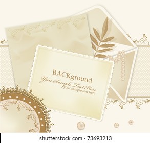 Gratulation, Vektorhintergrund mit Spitzen, Umschlägen, Blättern, Perlen