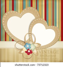 congratulation vector retro background with ribbons, flowers and two hearts 