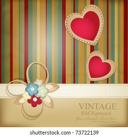 congratulation vector retro background with ribbons, flowers and two hearts on a striped background