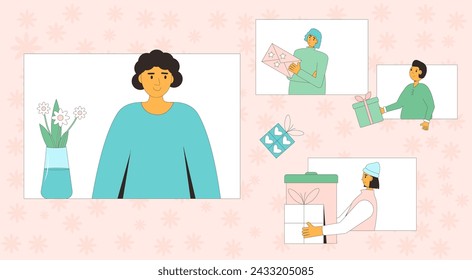 Congratulation woman. Mother's day greeting card. Children giving presents and best wishes their mom. People with flowers bouquet and gifts. Spring happy holiday Festive celebration. Vector banner.