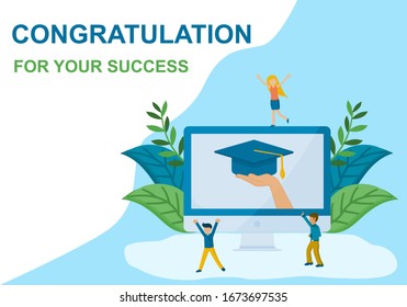 Congratulation for your success illustration vector concept, People celebrating graduation and happy successful on technology teaching in computer or laptop.