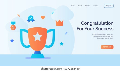 Congratulation for your success trophy winner icon campaign for web website home page landing template with cartoon style