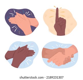 Congratulations 2D vector isolated illustration set. Applauding flat hand gestures on cartoon background. Approval colourful editable scene for mobile, website, presentation collection