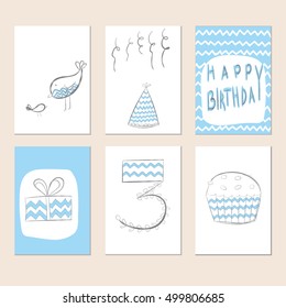 Congratulations to the 3 years of the boy. Collection Journal cards Happy Birthday.
Birthday in blue colour. Cute Children's birthday, anniversary, birthday, happy birthday. simple decoration birthday