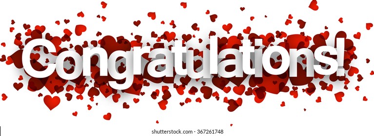 Congratulations 3d sign with red hearts. Vector paper illustration.