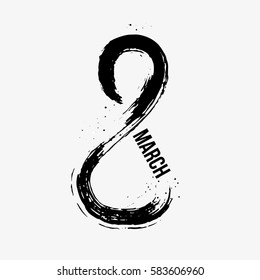 Congratulations 8 March International Women's Day. Figure eight with dry brush texture and ink with scratches and splashes. Effect of pressure and transition from thin to thick line. Typed word March