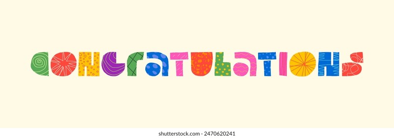 Congratulations abstract decorative inscription concept. Modern colourful graphic shapes congratulating symbol word lettering. Positive trendy creative logo. Greeting card bright eps badge