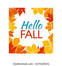 Congratulations Autumn. Vector illustrations with simple pictures. Hello fall. Yellow  orange leaves frame