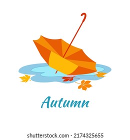 Congratulations Autumn. Vector illustrations with simple pictures. Hello fall. Umbrella in a puddle.
Signature Autumn. Leaves in water 