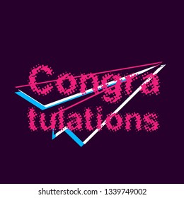 congratulations, banner or background with violet glitch or retro style.