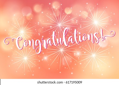 Congratulations banner. Card blue fireworks glowing fire blurred blue purple background. Poster, greeting card, banner invitation. Hand drawn design, handwritten modern brush lettering vector