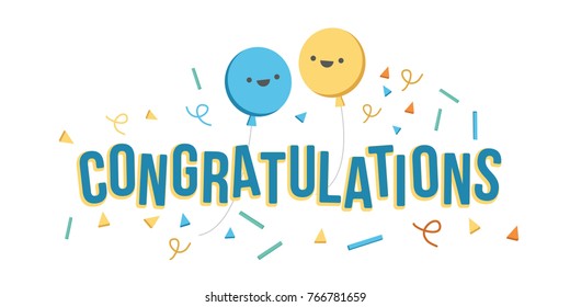 Congratulations banner with confetti and balloons. Vector illustration flat design.