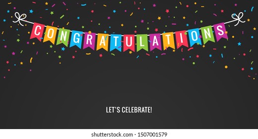 Congratulations banner. Congrats party flags with confetti on black background