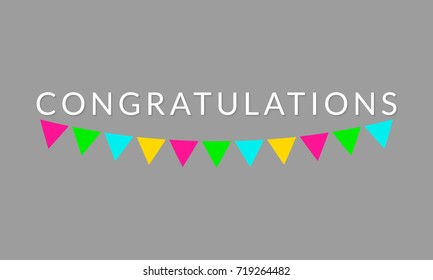 Congratulations banner. Congratulate text with colorful bunting flags. Birthday party design elements. Congrats sign. Vector illustration.