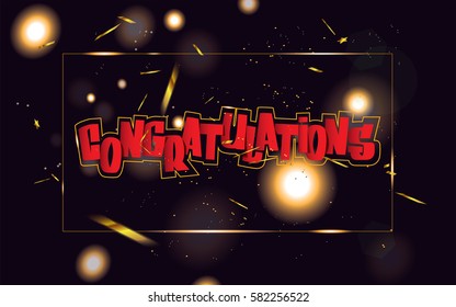 Congratulations banner in the cover with golden defocused confetti isolated on dark sparkle background.Vector illustration.