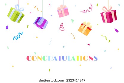 Congratulations banner festive colorful flat. Postcard celebration letter success poster greeting sheet box gift confetti rainbow party background winner holiday decoration surprise colorful festive