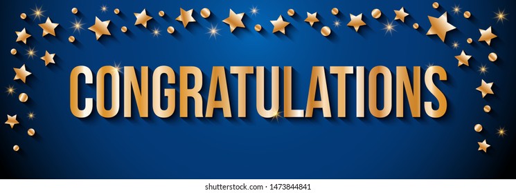 Congratulations banner with gold stars on blue background. Vector illustration. 