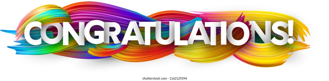 Congratulations banner with spectrum brush strokes on white background. Colorful gradient brush design. Vector paper illustration.