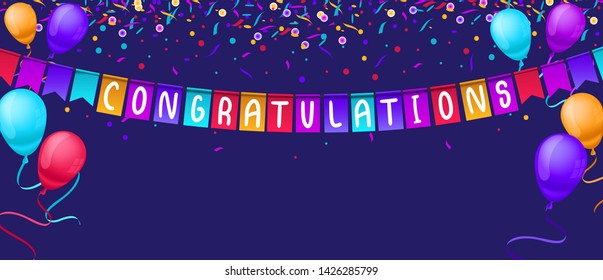 Congratulations banner template with balloons and confetti isolated on blue background. Festive greeting card template for birthday party, competitions etc. Vector congratulations illustration