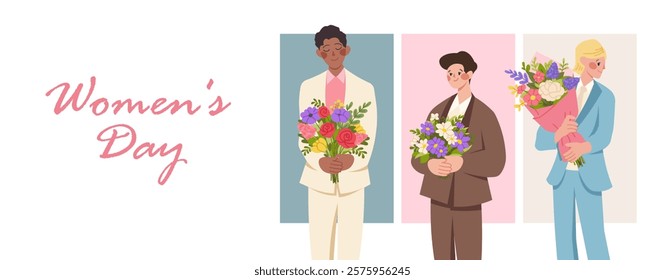 Congratulations banner for Women's Day, for Valentine's Day. Men with flowers congratulate women. Flat vector characters