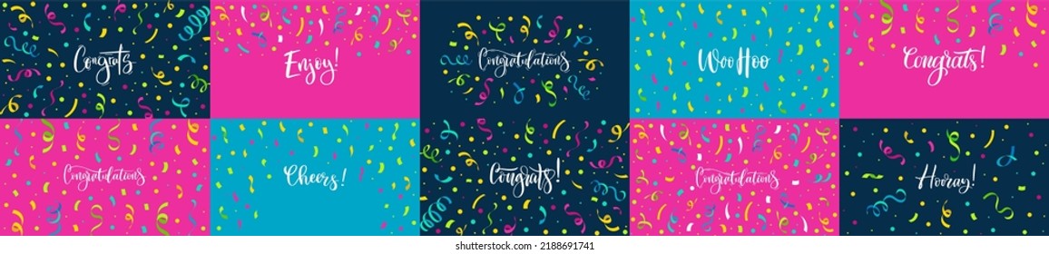 Congratulations banners. Congrats lettering with confetti, enjoy celebration poster and hooray card vector set. Festive exclamations text for birthday holiday or graduation ceremony