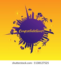 congratulations, beautiful greeting card background or banner with city and travel theme. vector