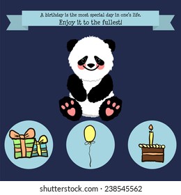 Congratulations birthday with a character panda, a balloon, cake and gifts hand-drawing