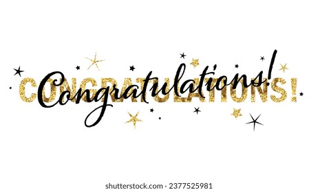 CONGRATULATIONS! black and gold glitter vector typography banner with stars