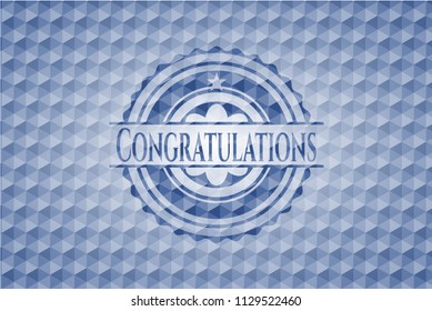 Congratulations blue emblem or badge with abstract geometric pattern background.