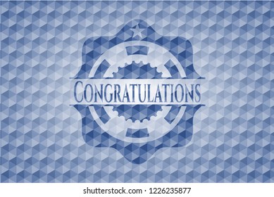 Congratulations blue emblem or badge with abstract geometric pattern background.
