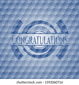 Congratulations blue emblem or badge with abstract geometric pattern background. Vector Illustration. Detailed.