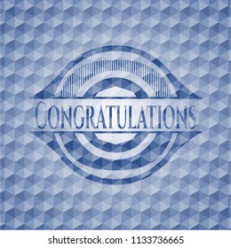 Congratulations blue emblem or badge with geometric pattern background.