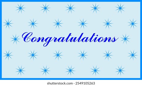 Congratulations for a boy features repeating of blue starbursts. In center, 'Congratulations' is written in a bold, blue cursive. The design is simple and elegant, conveying a celebratory message.