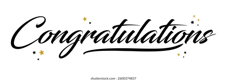  "Congratulations!" bulk lettering greeting sign. Handwritten modern brush lettering with golden stars. Text for card, T-shirt print, banner, poster, web, notebook, sketchbook. Isolated vector.