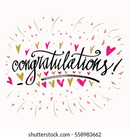 Congratulations calligraphy card with heart background. Hand written text.  Hand drawn lettering design. Typography for banner, poster or apparel design. Isolated vector element.