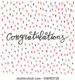 Congratulations calligraphy card with heart background. Hand written text.  Hand drawn lettering design. Typography for banner, poster or apparel design. Isolated vector element.