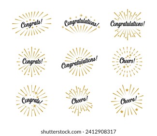 Congratulations calligraphy. Congrats lettering, cheers labels greeting sign with golden sunburst and stars. Handwritten letterings for graduation congrat card vector set. Holiday celebration