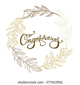 Congratulations calligraphy with floral decor. Hand written text. Lettering. Calligraphic banner.