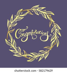 Congratulations calligraphy with floral decor. Hand written text. Lettering. Calligraphic banner.
