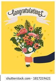 Congratulations Card. Arm Holding Bouquet Of Flowers On Yellow Background. Vector Illustration In Flat Cartoon Style