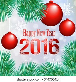 Congratulations card with balls and Christmas tree. Vector illustration