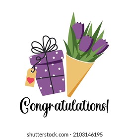 Congratulations card. A bouquet of spring flowers and a gift for Valentine's Day, International Women's Day or just for Birthday. Purple trending tulips and gift box on a white background. Vector.